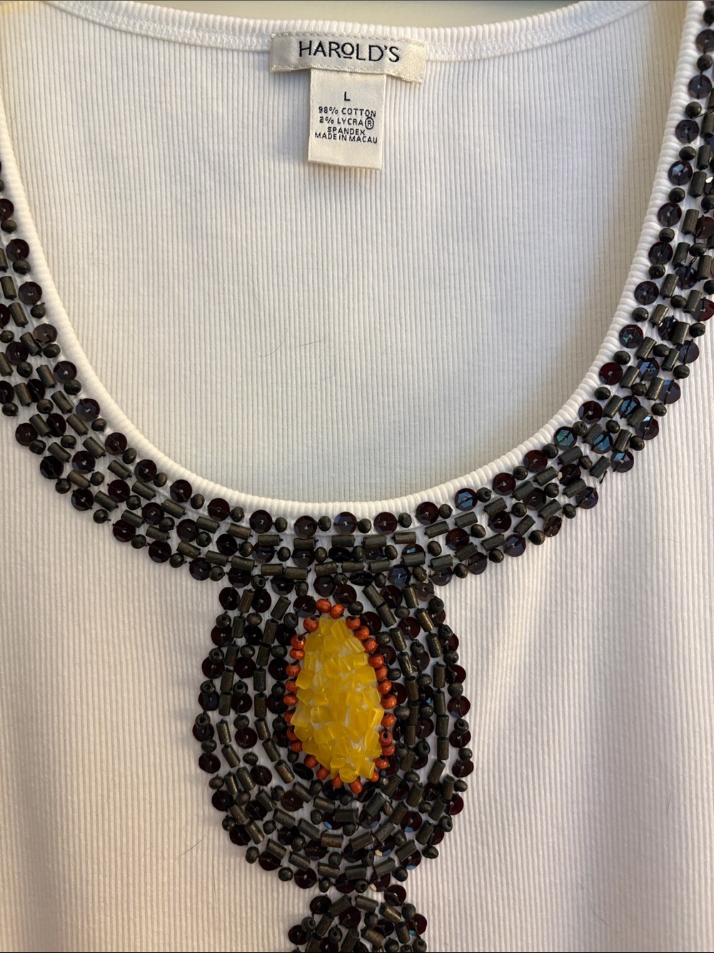 Harold's White Tank with Black Beaded Neckline and Amber Accent. 98% cotton.